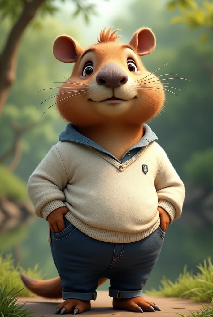 Create a capybara with a uniform that has blue pants and a white sweater.