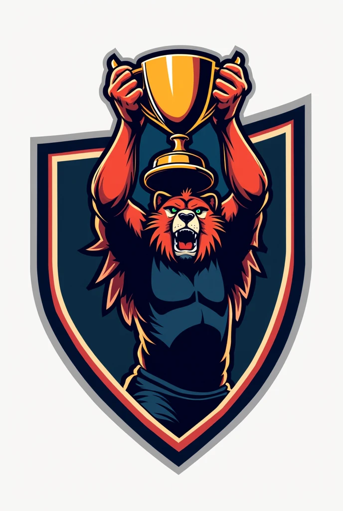 Create a sports logo with a mascot holding a trophy 