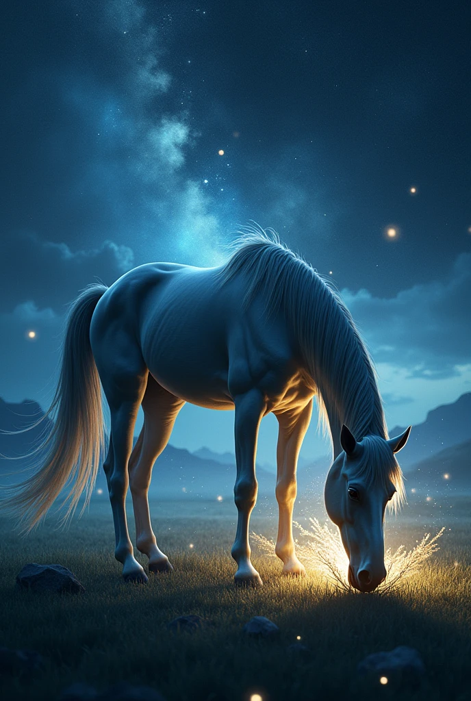 Horse taking grass on midnight in cosmic areas