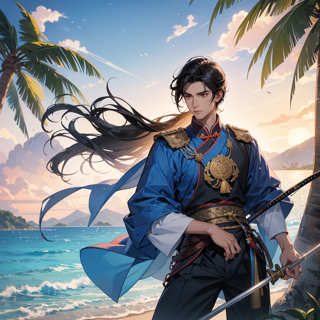 Handsome black-haired male general holding a large sword in ancient Chinese costume, sitting fishing by the blue sea under the coconut tree behind there are mountains, with low, lazily floating clouds, sunset, close up.