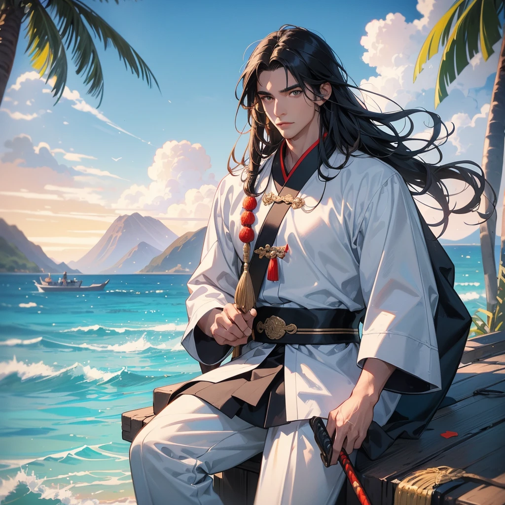 Handsome black-haired male general holding a large sword in ancient Chinese costume, sitting fishing by the blue sea under the coconut tree behind there are mountains, with low, lazily floating clouds, sunset, close up.