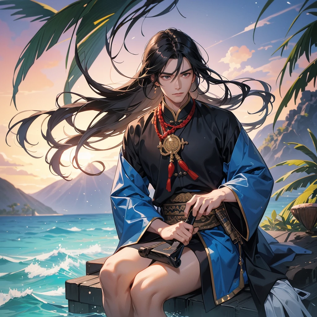 Handsome black-haired male general holding a large sword in ancient Chinese costume, sitting fishing by the blue sea under the coconut tree behind there are mountains, with low, lazily floating clouds, sunset, close up.