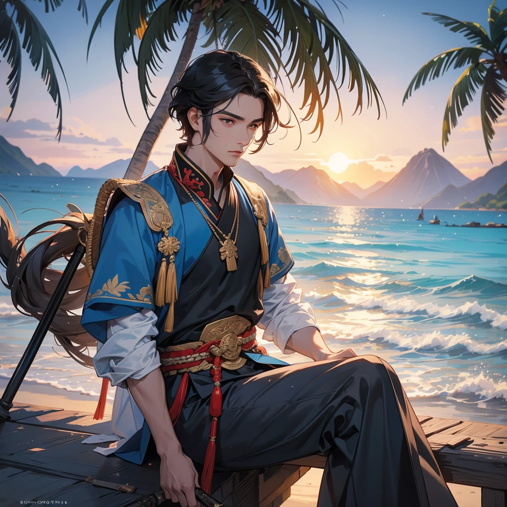 Handsome black-haired male general holding a large sword in ancient Chinese costume, sitting fishing by the blue sea under the coconut tree behind there are mountains, with low, lazily floating clouds, sunset, close up.