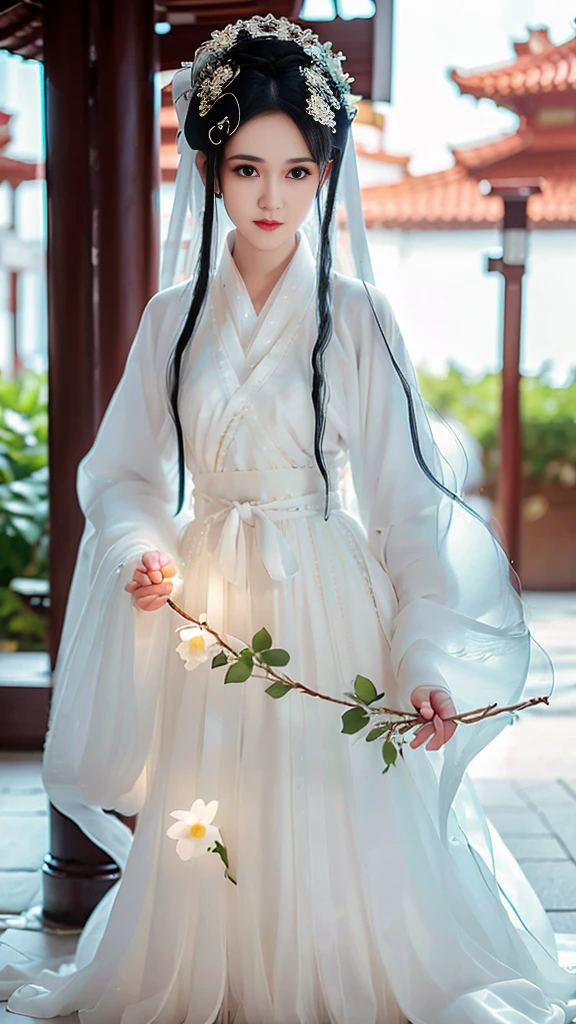 （（Long ears）），full body ，The eyes are very delicate.， Human，gorgeous white hanfu，（（（hair accessories）））（（（face veil））），necklace，（（（A garden with many flowers））， （（complicated details））， （（Surrealism））（8k）