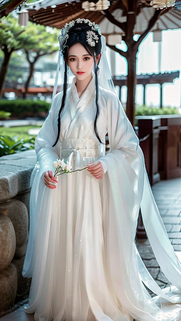 ((Long ears)),full body ,The eyes are very delicate., Human,gorgeous white hanfu,(((hair accessories)))(((face veil))),necklace,(((A garden with many flowers)), ((complicated details)), ((Surrealism))(8k)