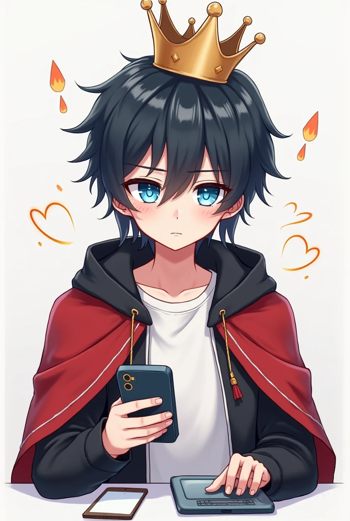Red Cape,male,Black Hair, Asymmetrical bangs, Parting the bangs,Blue Eyes,Drooping eyes,White T-shirt,Black hoodie,smartphone,computer,Simple background,cool,Illness,Confused eyes,Distributor,crown,King,Chibi Character