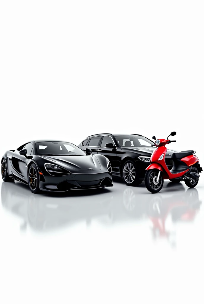 Generate 100 realistic image of motorcycle, black color car and red scooter which is used for advertisement in full white background.
Don't make anything blur.