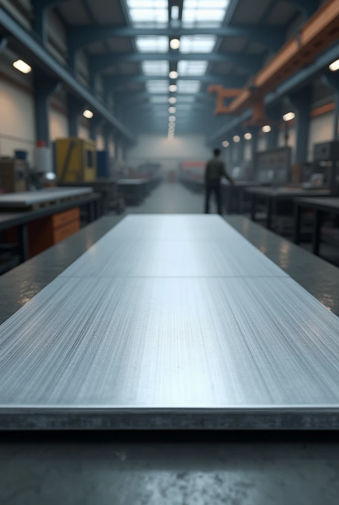 Aluminium 7075 t6 material in the size of length 200 mm, width 200 mm and 0.5 mm diameter  with front view of the object  in factory background 