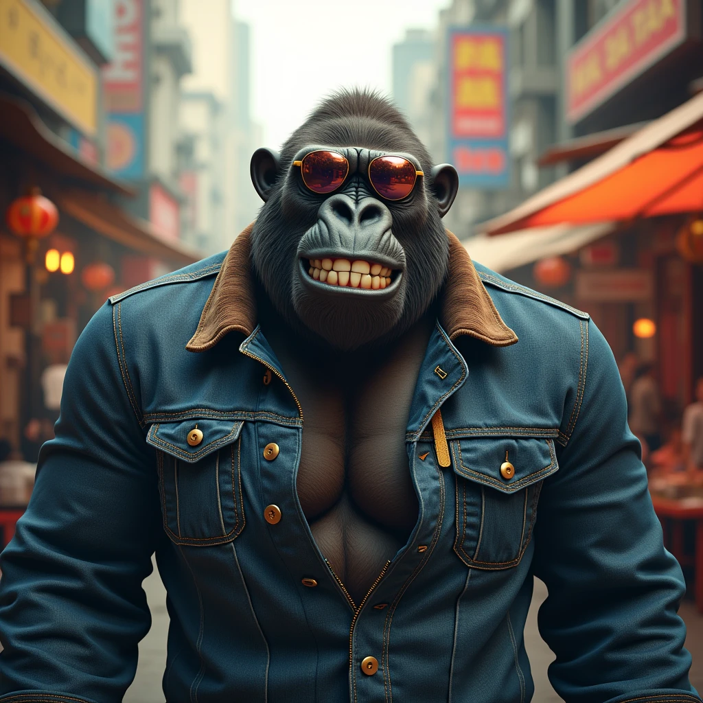 カメラに向かってウインクしているイケイケゴリラ: "Create a lifelike image of a gorilla wearing reflective aviator sunglasses, winking at the camera with a playful smirk. The gorilla's pose is relaxed yet confident, and it's dressed in a stylish denim jacket. The background is a lively street market with vibrant colors and bustling activity, adding to the energetic atmosphere."