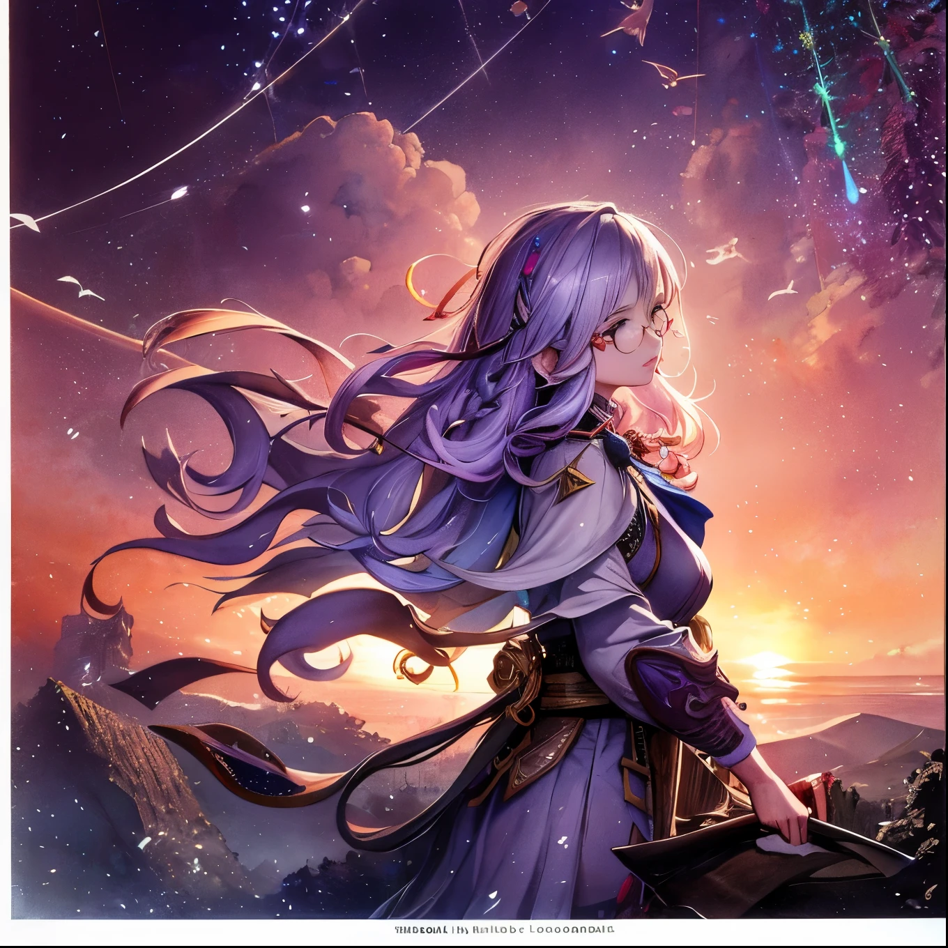 masterpiece: 1.7, Highest quality, Very very beautiful, Delicate use of colour、Detailed face、Realistic facial expressions、 art, (Watercolor(curly)、公式art、Realistic、Beautiful and aesthetic:1.3)、(One Girl:1.3)、(フラクタルart:1.3)、(kimono)、Upper body、From the side、Looking at the audience、pattern、Flowers, birds, wind and moon、Yuki、A Thousand Cranes、cloud、lanthanum、Starry Sky、performer、(Tabletop, Highest quality), Very detailed, Sexy Female Ronin, warrior, Cherry border, Japan tattoos, knife, Japan, night, moonlight, ベクタースタイルのart, erotic, Movie Poster Style, lettering., Light purple hair, Glasses