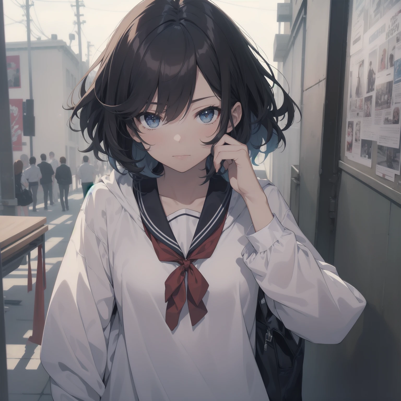 ultra-absurdres-Top quality by artist God, ultra-detailed, high resolution, anime moe artstyle, best anime 8k konachan wallpaper, pixiv contest winner, pool:2810, perfect anatomy,break, 1girl, (Please draw a girl walking sleepily to school alone. )break,(Solo,little female,15yo:1.3),Full limbs, ,a junior high school student, (very short hair), short cut, flat chest, , small butt, small black eyes, beautiful detailed eyes, well-proportioned iris and pupils, expressive eyes, highres detailed hair, soft expression, salor school_uniform, sailor collar, serahuku, bow, pleated skirt,(Detailed Lighting), (Detailed background), in the School commute route. break,super detailed skin, Best cinematic lighting powered by famous artist, 8k,beauty illustration,photoshop_(medium),very aesthetic,break,((artist:echo_(circa) )), artist:clamp ,artist:carnelian ,artist:kantoku ,