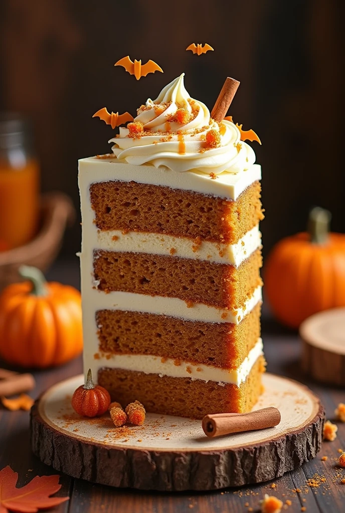 {Pumpkin Spice Latte Cake} -- A luxurious, three-layer pumpkin spice cake infused with warm autumn spices like cinnamon, nutmeg, and cloves. The cake is covered in a smooth cream cheese frosting, with delicate swirls that mimic the frothy top of a pumpkin spice latte. To add a Halloween twist, the cake is adorned with caramel-drizzled candied pumpkin pieces and tiny edible sugar bats. The top of the cake is decorated with a sprinkle of pumpkin spice, with a cinnamon stick nestled in the frosting as a final touch. The cake is set on a rustic wooden board, surrounded by small pumpkins, cinnamon sticks, and a few scattered autumn leaves, creating a cozy, seasonal atmosphere perfect for Halloween. -- {photorealistic}, {high-resolution}, {warm and earthy tones}, {Halloween cake photography}, {natural light}, {Instagram aesthetic}, {rustic autumn charm}, {gourmet dessert experience}, {pumpkin spice delight}
