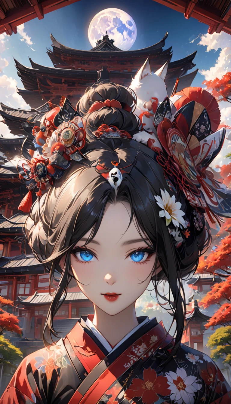 Ink painting, (((1 girl))), (((Tattoo in the middle of the forehead))),(((In the background is the Akatsuki moon))), (((Oiran))), (((Great hair accessories))), Demon possession, ((Masterpiece:1.2)), ((Highest quality)), Extremely detailed and delicate illustration style, Detailed leather texture, Detailed canvas texture, Very detailed description, (Masterpiece T), Extremely beautiful illustration, Highly detailed face, Raw image, professional, Ultra-high resolution panel, Complex details, Superior detail, Intricate decoration details, Perfect anatomy, real, (Very beautiful and cute black and white colored fox woman or girl with blue eyes wearing kimono), ((آذان الثعلب black hair, White hair, multicolor, the beautiful)), (Beautiful black and white colored fox tail), (black hair, White evil, Beautiful and shiny), (((She has claws on her hands.))), (((She has long fangs.))), (Beautiful and clear blue eyes), (Beautiful detailed eyes:1.6), (Traditional black and white detailed costume), Front view, White flower kimono, Black white colorful hakama long skirt, A maxi skirt, Modestly dressed, He smiles, ((Standing and looking at me)), ((The day)), (Extremely detailed and beautiful Japanese temple construction), (8K Highest quality wallpaper), (Extremely detailed and delicate background)