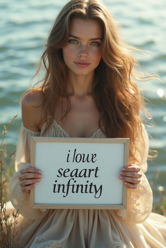 Beautiful girl with wavy long hair, bohemian dress, holding a white board with text "I Love Seaart Infinity" and showing it to the viewer