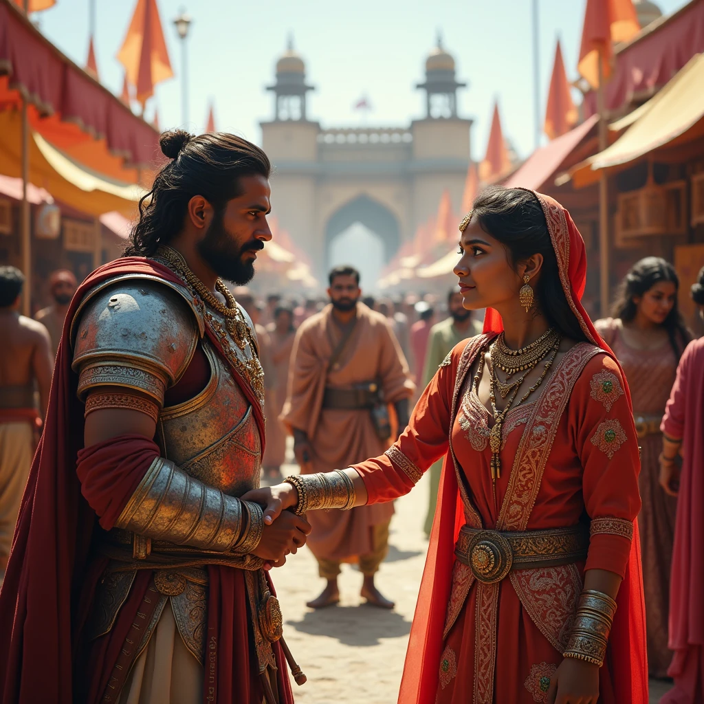 A rajput warrior help a rajput female warrior in tha fair , The princess saw the prince at a fair