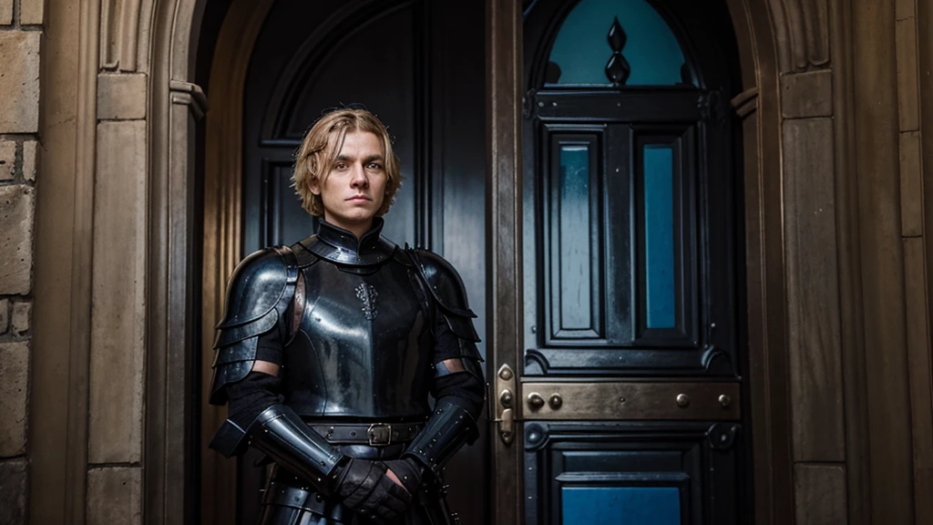 a simple guard in a gothic castle, guarding a colossal metal palace door, wearing black armour with a hint of blue, blue eyes, with blonde short hair and no beard