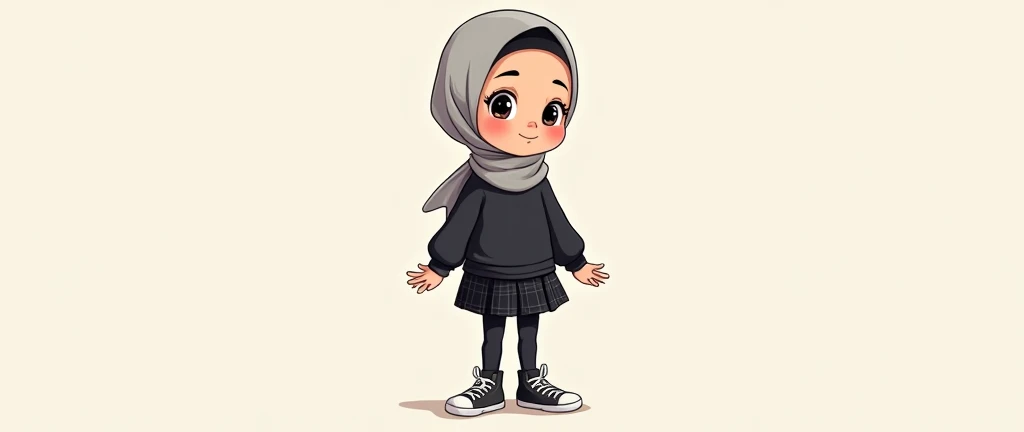 Cartoon with text: 
(Masterpiece, best quality, 4k, expressive eyes, perfect face), cute and adorable girl, little cartoon girl, (beautiful face, detailed eyes), wearing grey hijab, (flat style,, hand drawn style, 2d style, Cartoon artstyle, toon style), (tight black turtleneck sweater, black plaid skirt, black pantyhose, loose black socks, long sneakers, (full body view, funny pose)