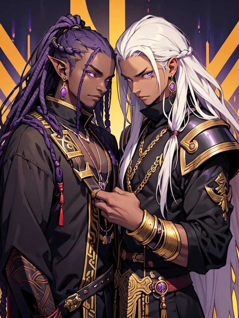 Dark, African American, MAN, indiffirent, powerful,mirroring DEMON,ONI, bewitching dreadlocks, dark clothing, dark armor, fantasy, gold purple and black color palette, determined deep purple eyes