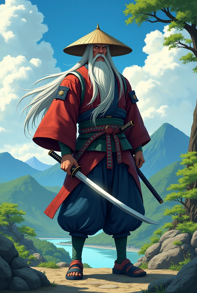 animated, big boy, Ronin, double-katana, White hair, cone hat , I want the katanas back in their sheaths 