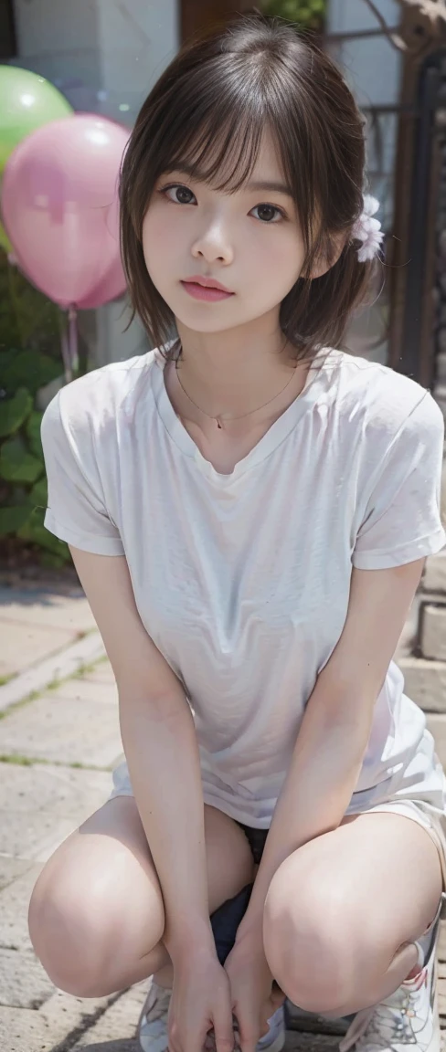 (masterpiece, Highest quality:1.2), 8k, Young and beautiful, 85mm,Official AR RAW Photos, Baby Face、Big Breasts、Show me your ears、photo shoot, Cute Face, Ultra-high-quality photo realistic edited photo full body ultra-realistic, Head to toe photos, Full body photo, Drunk beautiful and sexy white skinned Japanese net idol 1, A plain white button-collar short-sleeved shirt, Tops hanging from the chest, (Simple Necklace: 1.1), , 8k, Photographic realism, Pink balloons, Modern background, Long legs, thin, sneakers, Glowing Skin, Light reflected on the skin, Skin Aura, Pink Chanel handbag strap slung over shoulder, 8k,