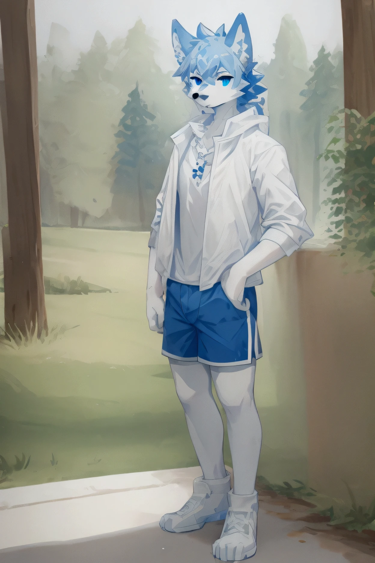 Furry white wolf,Beast field,anthropology, male,Solitary,blue eyes,Wearing blue shorts and shorts, Casual Clothing, Height 1.6 meters,Approximately
