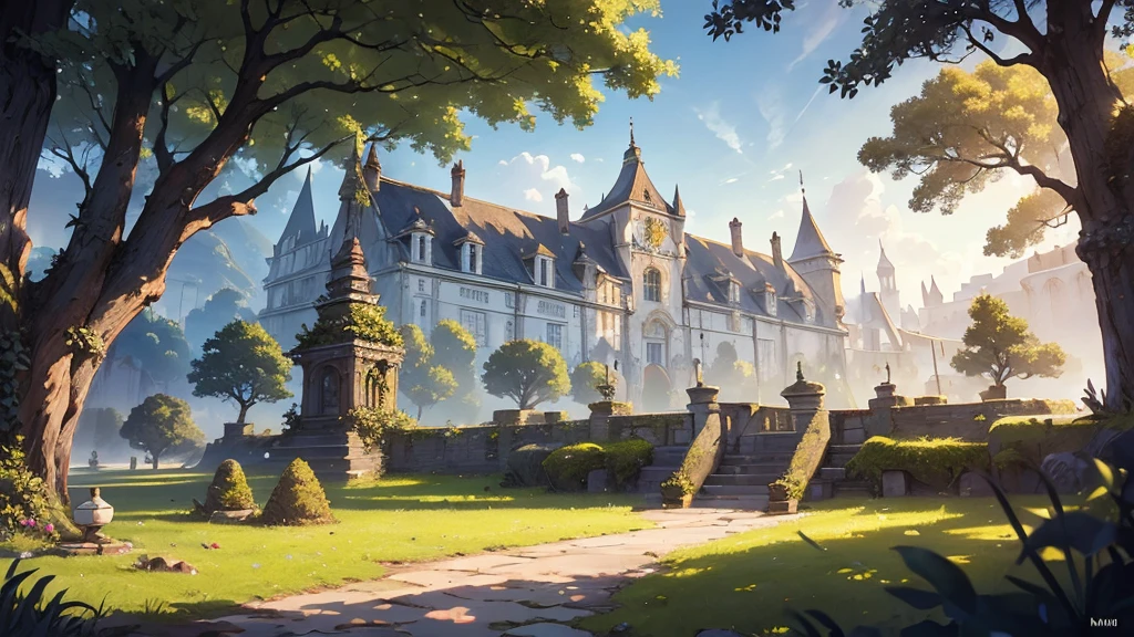 ((masterpiece)),((Highest quality)),((High Detail)),nobody,background,fantasy, Old palace, Bonfire, moss, White tree