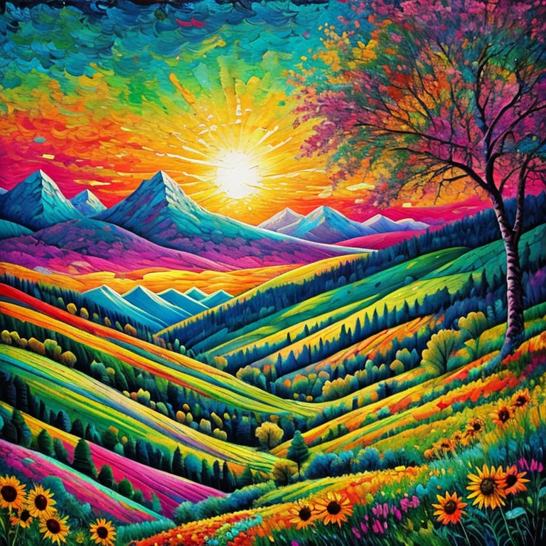 Masterpiece, best composition, dynamic composition, colorful landscape painting with sunflowers, trees and hills, colorful landscape painting, psychedelic landscape, vivid oil painting, vivid abstract landscape, color field painting. 8K, amazing colorful landscape, detailed impasto, colorful oil painting, psychedelic sky, mountains and colorful sun, painted landscape, colorful sky, hills with flowers, big trees on hills, summer day psychedelic, big colorful picture.