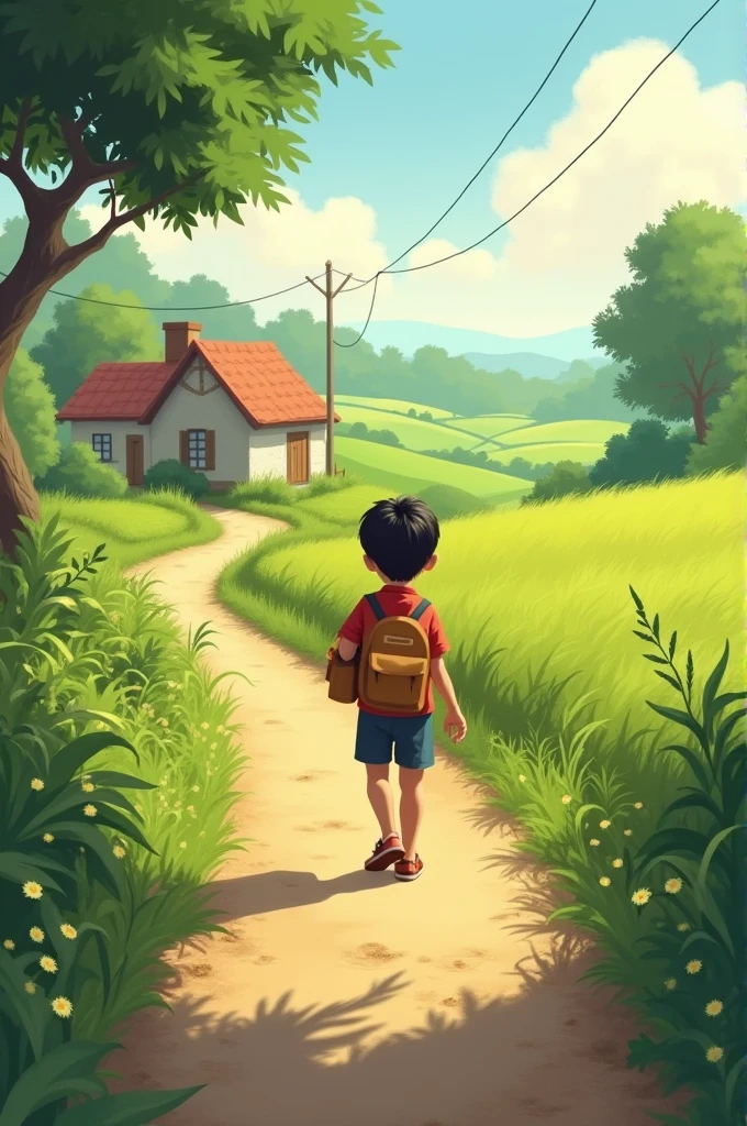 1. **Scene 1: Balu Walking to School**
- Visual of a small village path surrounded by lush green fields and trees.
- The sun is softly shining, casting a warm glow on the scene.
- Balu, a sweet and sensible boy, is seen walking along the path with a school bag slung over his shoulder