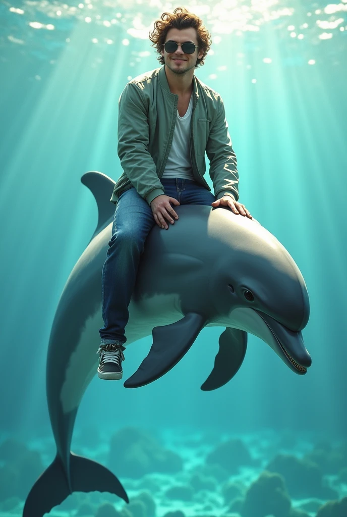 harry styles on top of a dolphin