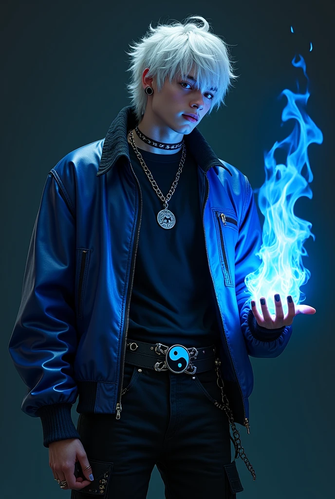 Male sexy age 25, greman, crazy smile, gray eyes, white hair visual kei, evil eyes, long crazy smile, royal blue and black leather matrix gabardine open, soft black t-shirt, black cargo pants, only right arm on blue flames, cyberpunk style, belt with a blue ying yang, chains around the belt, athletic, magic powers, action, cunning look, leather black boots with metal pins, black cat nails, comical pose, black night background, uncovered head