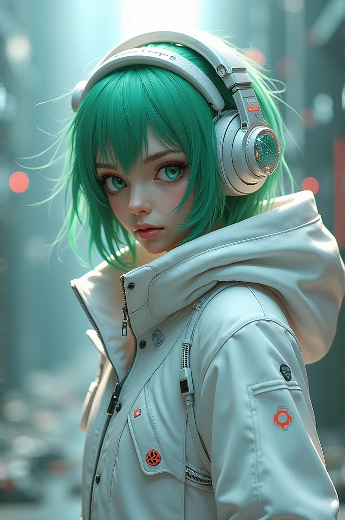 White coat with hood on head, green hair and eyes, headphones on head, anime style 