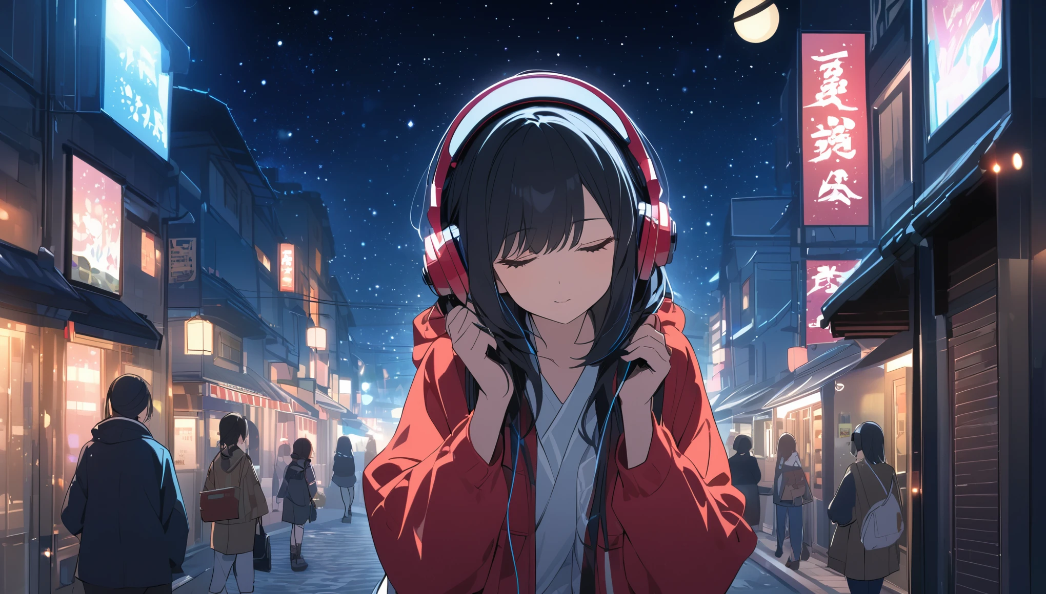 Black-haired woman facing forward,Night starry sky,Streetscape、Listening to music with headphones、Japanese