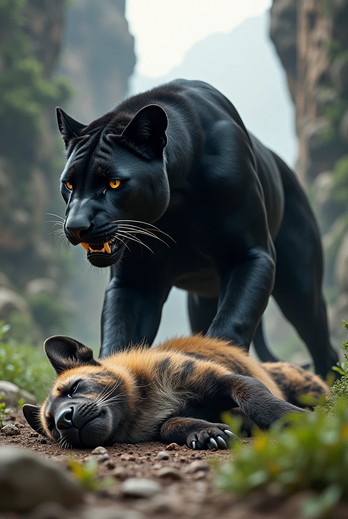 Black panther versus hyena but The Hyena is defeated and sleeping Dead on the floor