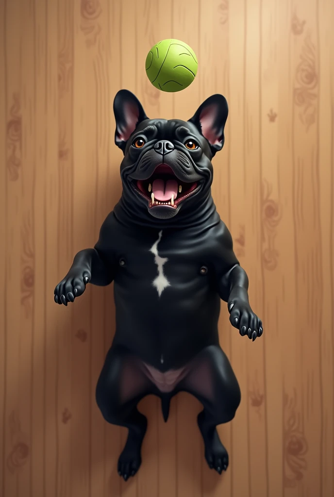 
a black French bulldog dog lies on the floor, its muzzle is raised, its mouth is open, it catches a ball, top view, in perspective
