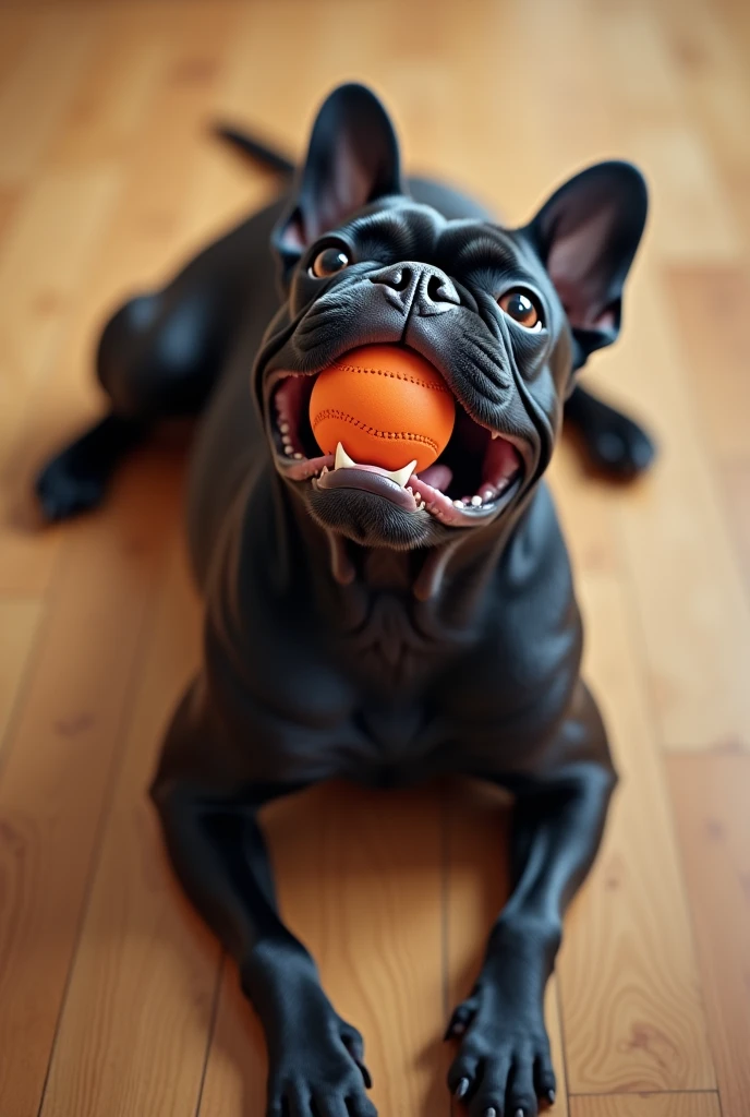
a black French bulldog dog lies on the floor, its muzzle is raised, its mouth is open, it catches a ball, top view, in perspective