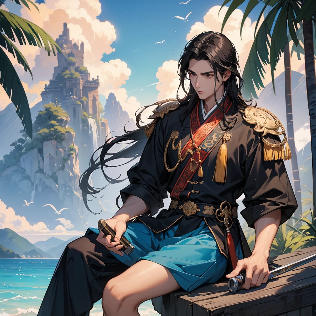 a Handsome black-haired male general holding a large sword in ancient Chinese costume, sitting fishing by the blue sea under the coconut tree behind there are mountains, with low, lazily floating clouds, sunset, close up.