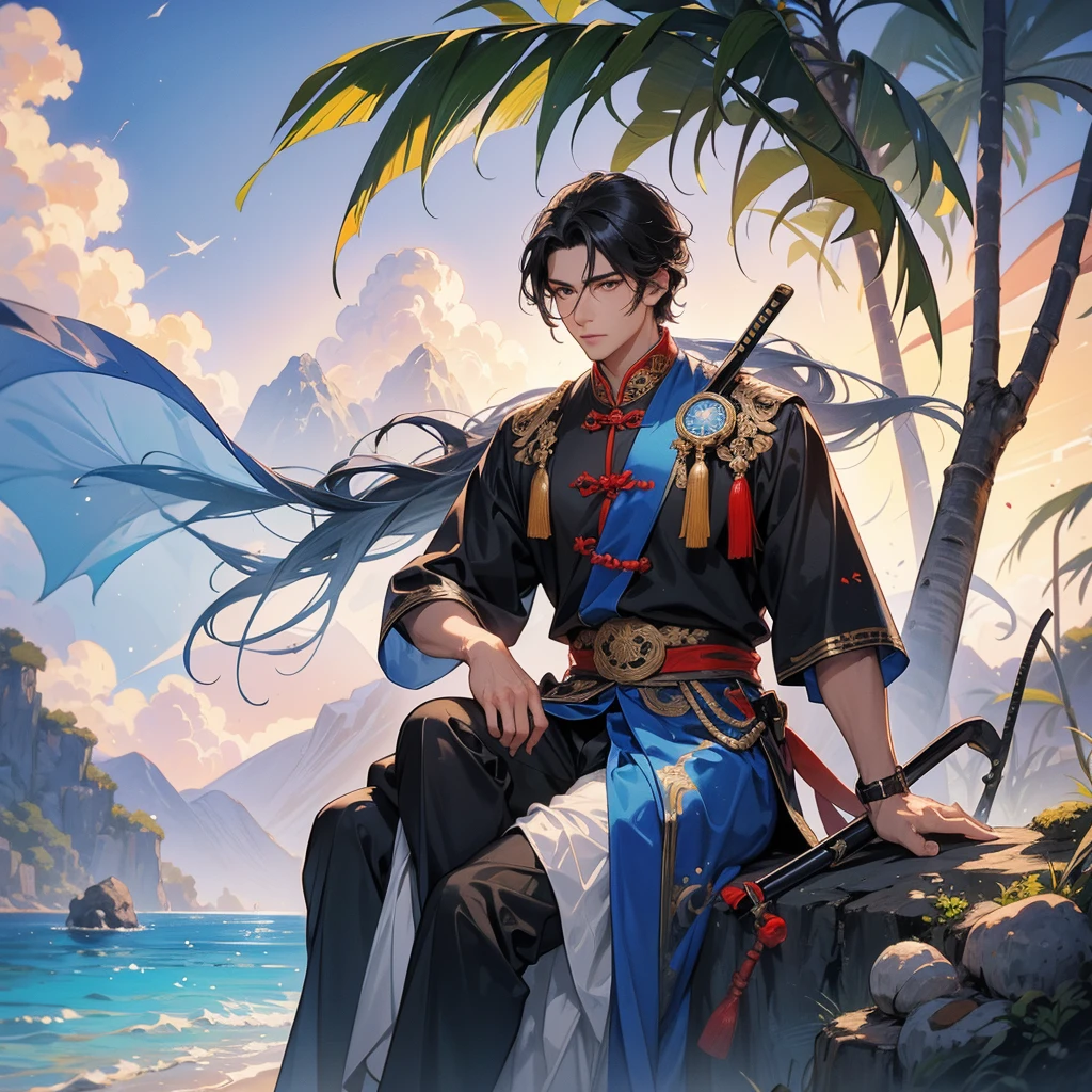 a Handsome black-haired male general holding a large sword in ancient Chinese costume, sitting fishing by the blue sea under the coconut tree behind there are mountains, with low, lazily floating clouds, sunset, close up.