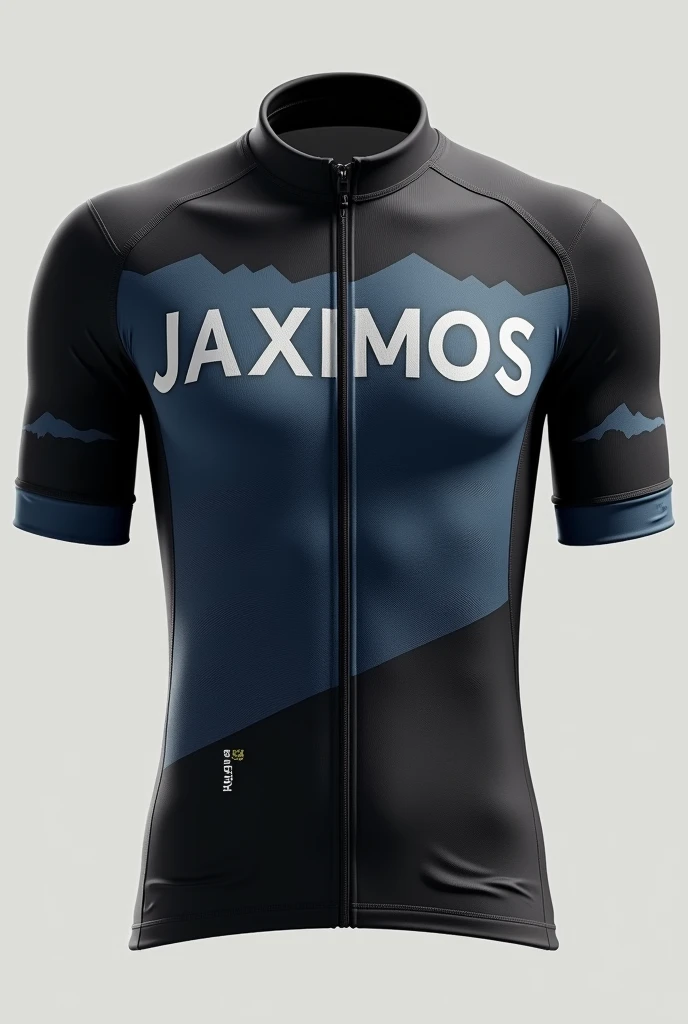 Create a cycling jersey, black, navy blue and gray with the name Jaximos, representing our pedal group. Mountain Bike. You can use more gray