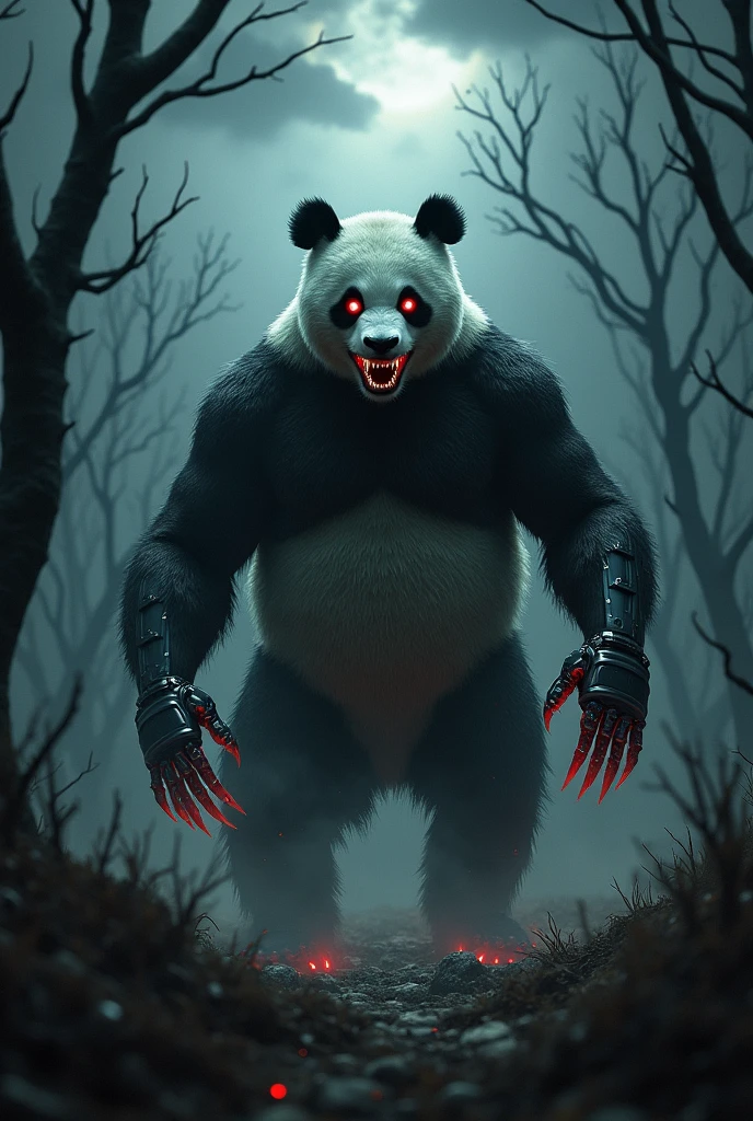 Very scary Panda with Robotic arms and background with Scary night