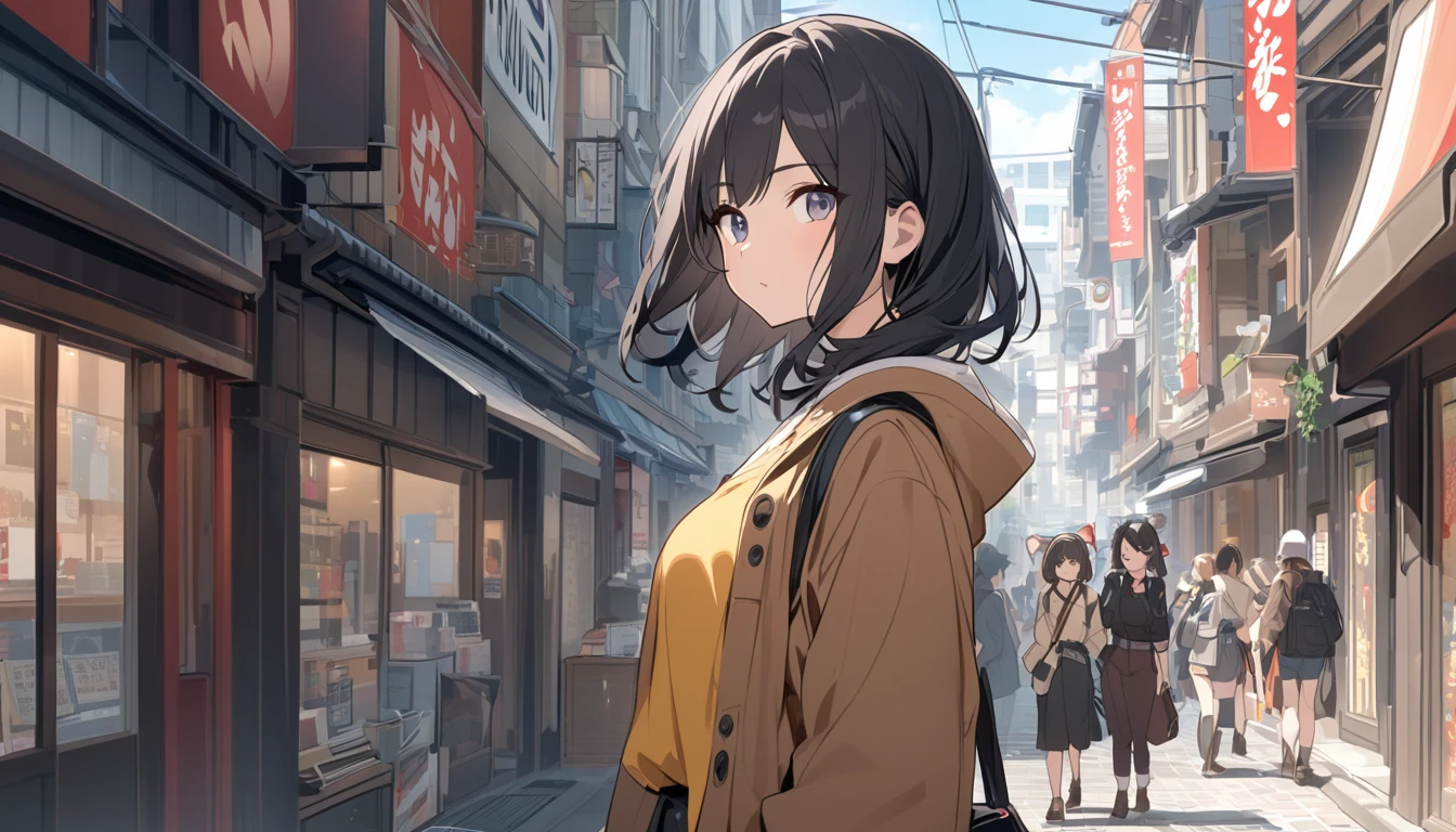 Black-haired woman looking this way,Streetscape、listen to music、Japanese