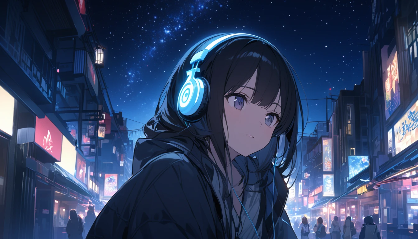 Black-haired woman facing forward,Night starry sky,Streetscape、Listening to music with headphones、Japanese