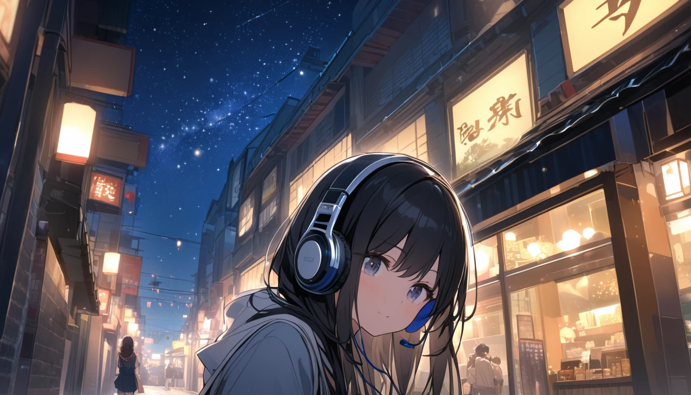 Black-haired woman facing forward,Night starry sky,Streetscape、Listening to music with headphones、Japanese