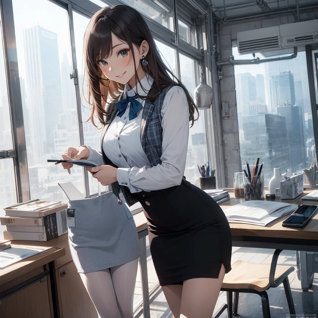 (Best Quality, Masterpiece),Wearing a pink plaid vest, White short sleeved shirt, Gray pencil skirt, Wear stiletto heels, Necklace, earrings, Cute face, Smile, Blushing, Shyness, Glass wall, Ultra Detail, Realistic, Front view, Whole body, stunning, cute, warm smile, hourglass figure, apron, text, chart, advertising, magazine title(Best Quality, Masterpiece), Mag((((1ladyl,)))) (masterpiece), (realistic), (best quality), (ultra-detailed), (wearing in [[white and gray check pattern]] Vest worn over white collared long-sleeved shirt:1.4), (gray vest with buttons:1.2), (Pink Theme:1.2), (blue ribbon ribbon:1.3), (Black theme:1.4), (Tight black pencil skirt:1.5), ((Brown pantyhose)), (high-heels:1.1),longskirt,office desk, office chair,Lulubre Unity 8K Wallpaper, pantyshot, long brown hair, office lady Magazine Cover, 1girl,  amazing, girl, 30 years old, house wiife, warm smile, hourglass figure, text, chart, advertising, magazine title