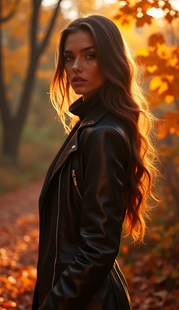 beautiful woman in stylish autumn outfit, 1girl, long hair, detailed face and features, beautiful eyes, detailed lips, detailed skin, long eyelashes, elegant pose, autumn leaves, colorful foliage, warm lighting, award winning photography, cinematic lighting, highly detailed, 8k, photorealistic, dramatic colors, moody atmosphere