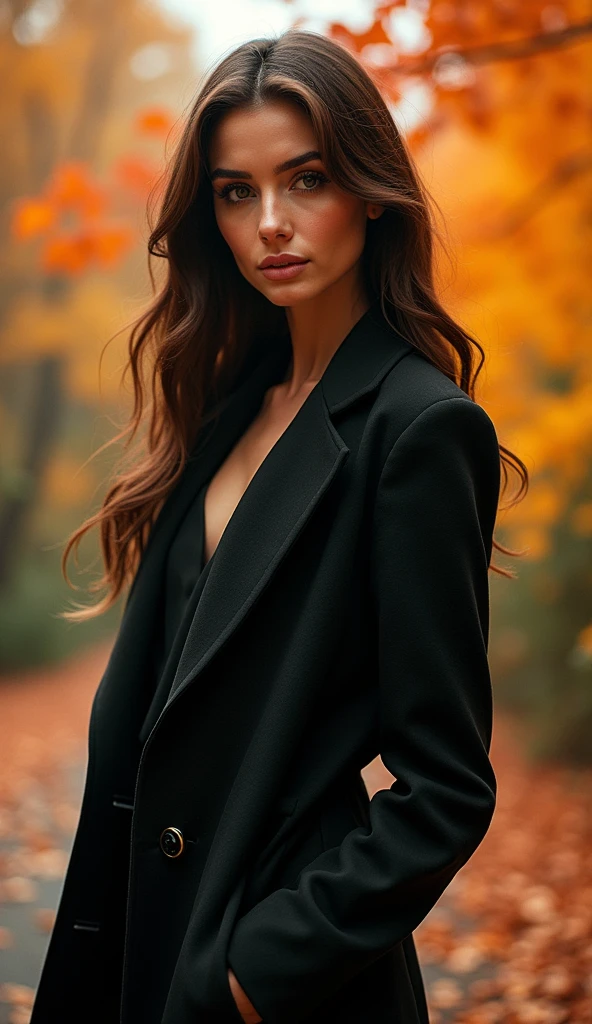 beautiful woman in stylish autumn outfit, 1girl, long hair, detailed face and features, beautiful eyes, detailed lips, detailed skin, long eyelashes, elegant pose, autumn leaves, colorful foliage, warm lighting, award winning photography, cinematic lighting, highly detailed, 8k, photorealistic, dramatic colors, moody atmosphere