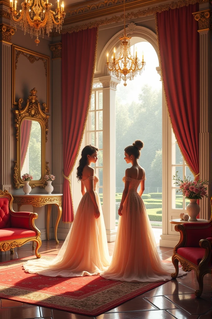 Make a photo of the royal room inhabited by 2 princesses named Rosaline and Yasmina