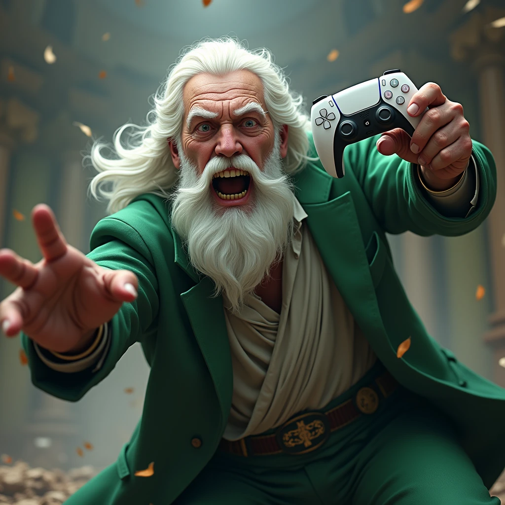 A 50 year old man, with the imposing appearance of a wise and powerful old man. He has white hair and beard, evoking the classical image of Zeus, which gives it an air of authority and grandeur. His physique is robust and muscular., showing remarkable strength. He wears a green suit that highlights his formidable presence.. With an expression of shock and fear on his face, and the mouth wide open in an expression of surprise, The man strikes a dynamic pose, as if he were throwing a PlayStation 5 controller. The image is seen in perspective, capturing the movement and intensity of the moment, while holding the video game console with one hand in a posture that mixes surprise and protection.