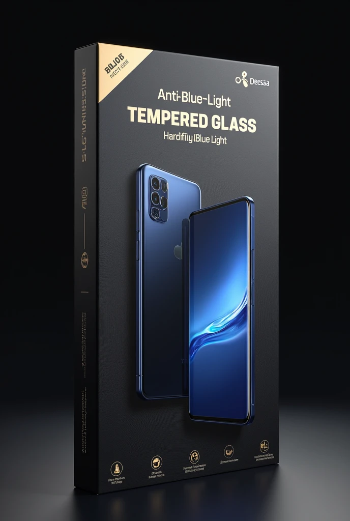 DEESAA anti blue light tempered galss ke liye Packaging box 60 %background 30% tamperd glass with phon photos and 10 % words colour used matt black with gold