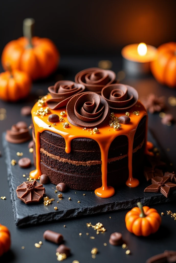 {Chocolate Blackout Cake with Orange Ganache} -- A decadent chocolate blackout cake with layers of moist, dark chocolate sponge, filled and covered with a rich, velvety chocolate ganache. For a Halloween touch, the cake is finished with a vibrant orange ganache drip, creating a striking contrast against the dark chocolate. The top of the cake is adorned with elegant chocolate curls and tiny edible gold leaf accents, adding a touch of luxury. The cake is set on a black slate board, surrounded by dark chocolate pieces and a few decorative mini pumpkins, with a soft, flickering candlelight adding to the spooky yet cozy ambiance. -- {photorealistic}, {high-resolution}, {dark and luxurious tones}, {Halloween cake photography}, {warm lighting}, {Instagram aesthetic}, {elegant yet spooky}, {gourmet dessert experience}, {chocolate indulgence with a Halloween twist}