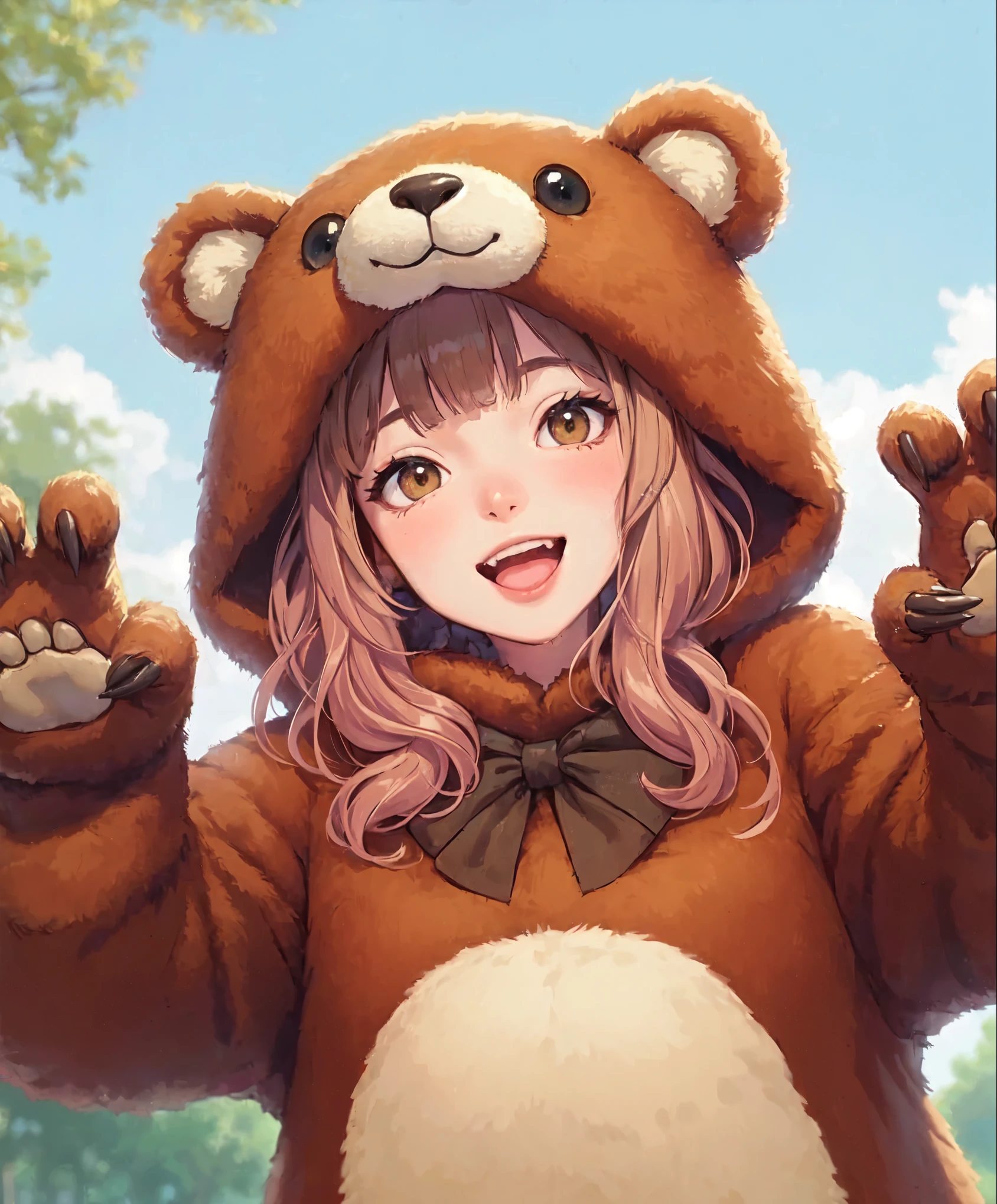 1lady solo, (brown bear costume:1.1), (hands up) (arms wide open) (fingers curled like claws:1.1), (claw posing), (mature female:0.8), /(beige brown hair/) bangs, blush kind smile, open mouth (teeth:0.8), (masterpiece best quality:1.2) delicate illustration ultra-detailed, large breasts BREAK (ordinary urban park) outdoors, noon, trees